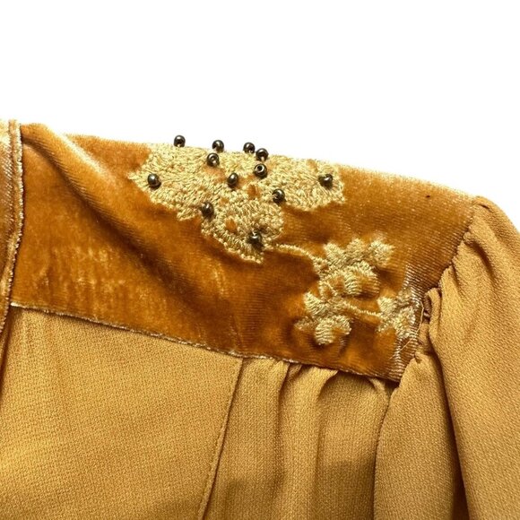 XOXO‎ Embroidered Velvet Accented Blouse Peasant Gold Flowy Glam Y2K Size S - Picture 3 of 7